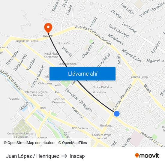 Juan López / Henriquez to Inacap map