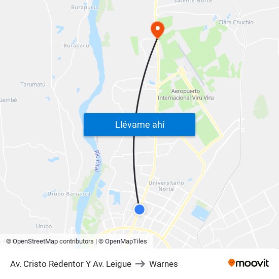 Av. Cristo Redentor Y Av. Leigue to Warnes map
