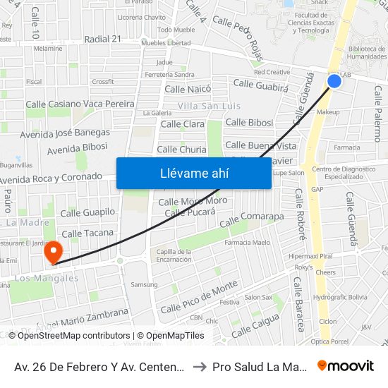 Av. 26 De Febrero Y Av. Centenario to Pro Salud La Madre map