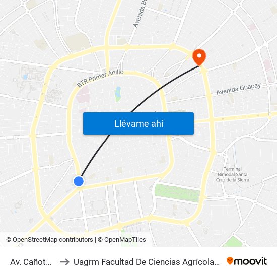 Av. Cañoto Y Tundi to Uagrm Facultad De Ciencias Agrícolas Unidad De Postgrado map