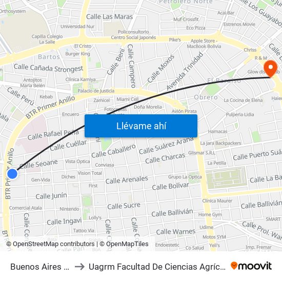 Buenos Aires Y Av. Cañoto to Uagrm Facultad De Ciencias Agrícolas Unidad De Postgrado map