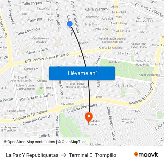 La Paz Y Republiquetas to Terminal El Trompillo map