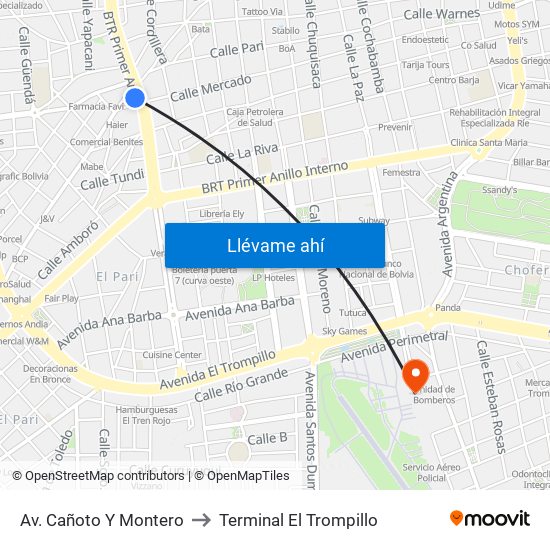 Av. Cañoto Y Montero to Terminal El Trompillo map