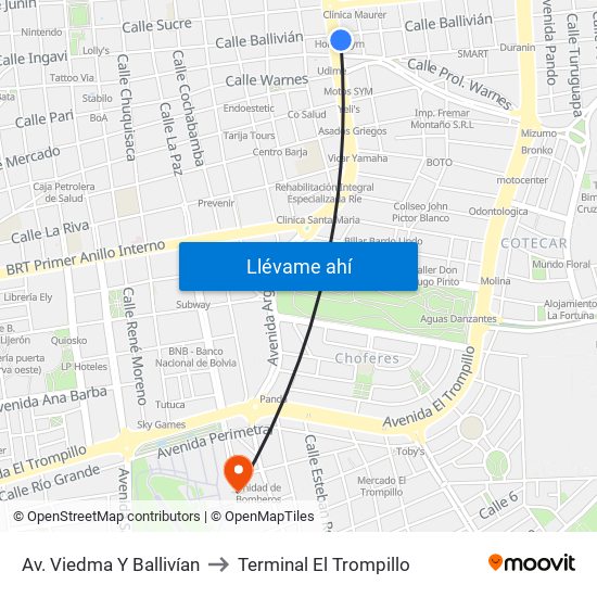 Av. Viedma Y Ballivían to Terminal El Trompillo map