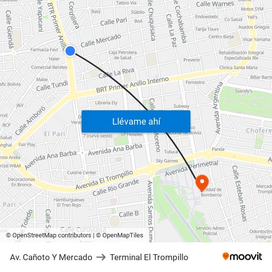 Av. Cañoto Y Mercado to Terminal El Trompillo map