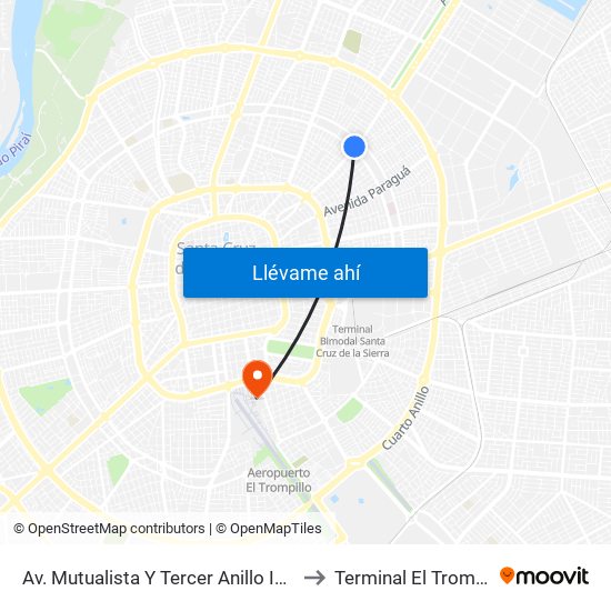 Av. Mutualista Y Tercer Anillo Interno to Terminal El Trompillo map
