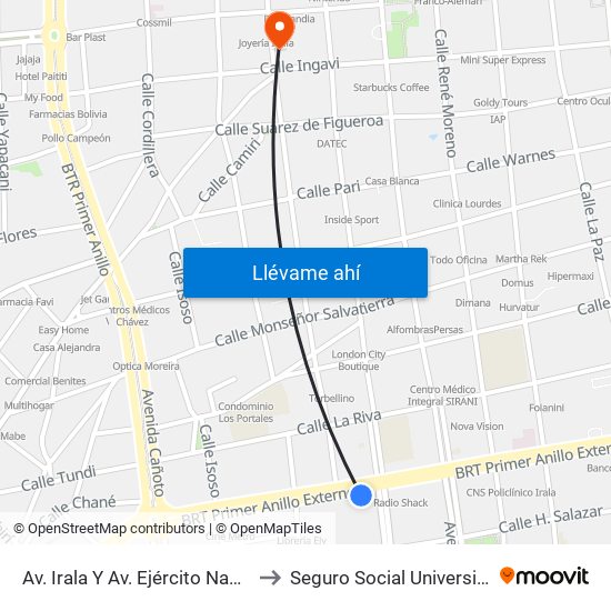 Av. Irala Y Av. Ejército Nacional to Seguro Social Universitario map