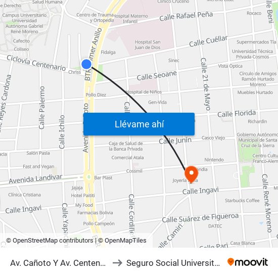 Av. Cañoto Y Av. Centenario to Seguro Social Universitario map