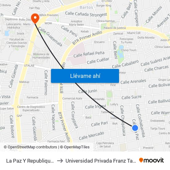 La Paz Y Republiquetas to Universidad Privada Franz Tamayo map