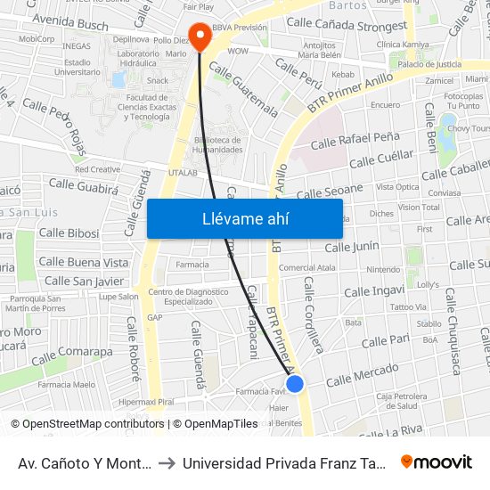 Av. Cañoto Y Montero to Universidad Privada Franz Tamayo map