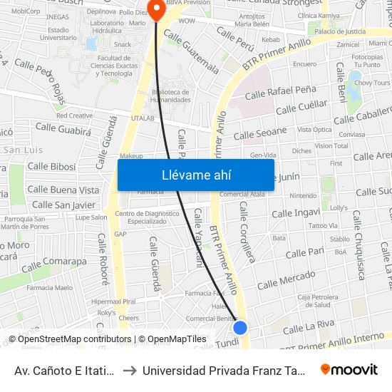 Av. Cañoto E Itatines to Universidad Privada Franz Tamayo map