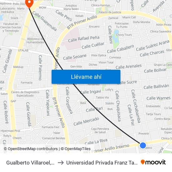 Gualberto Villaroel, 113 to Universidad Privada Franz Tamayo map