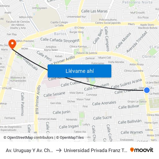 Av. Uruguay Y Av. Charcas to Universidad Privada Franz Tamayo map