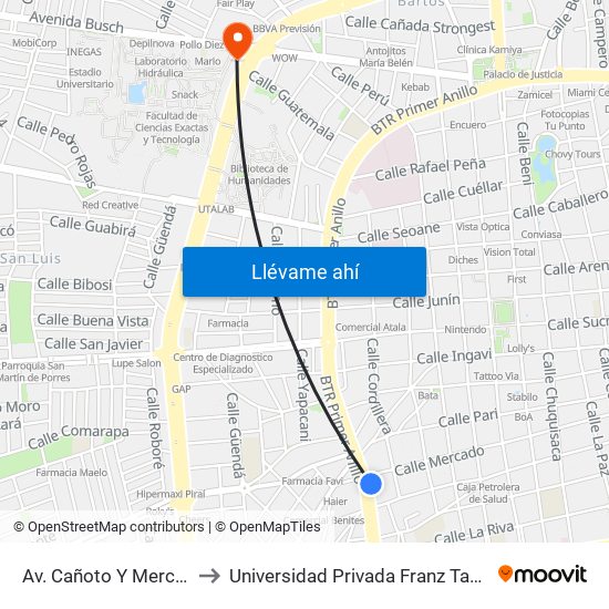 Av. Cañoto Y Mercado to Universidad Privada Franz Tamayo map