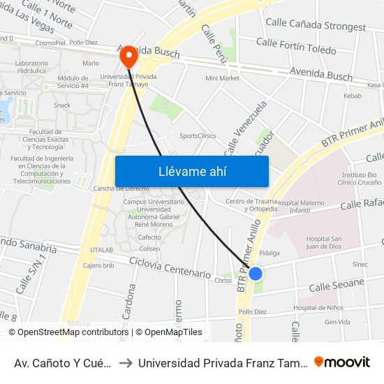 Av. Cañoto Y Cuéllar to Universidad Privada Franz Tamayo map