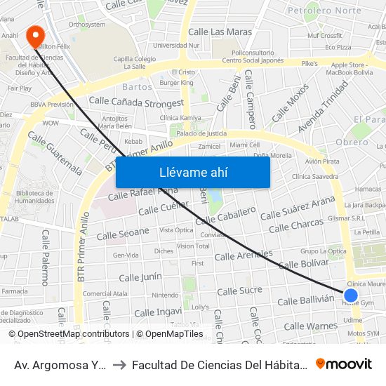 Av. Argomosa Y Ballivián to Facultad De Ciencias Del Hábitat, Diseño Y Arte map