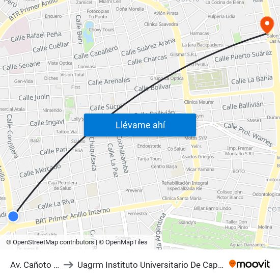 Av. Cañoto Y La Riva to Uagrm Instituto Universitario De Capacitación Popular (Icap) map