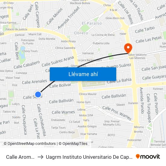 Calle Aroma Y Sucre to Uagrm Instituto Universitario De Capacitación Popular (Icap) map