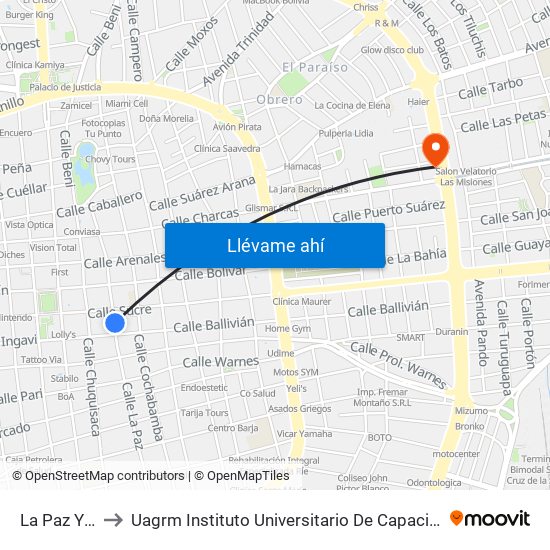 La Paz Y Sucre to Uagrm Instituto Universitario De Capacitación Popular (Icap) map
