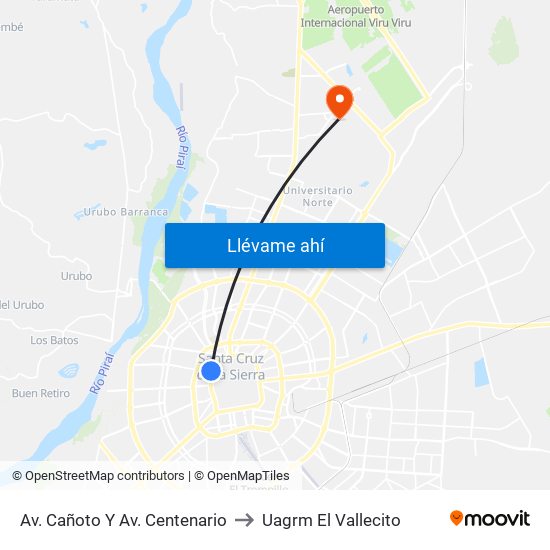 Av. Cañoto Y Av. Centenario to Uagrm El Vallecito map