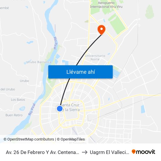 Av. 26 De Febrero Y Av. Centenario to Uagrm El Vallecito map