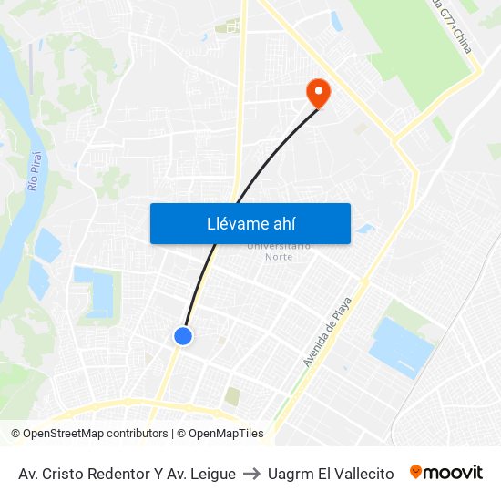 Av. Cristo Redentor Y Av. Leigue to Uagrm El Vallecito map