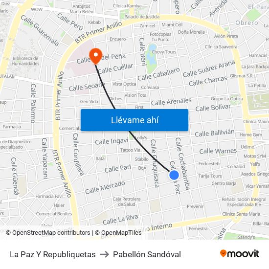 La Paz Y Republiquetas to Pabellón Sandóval map