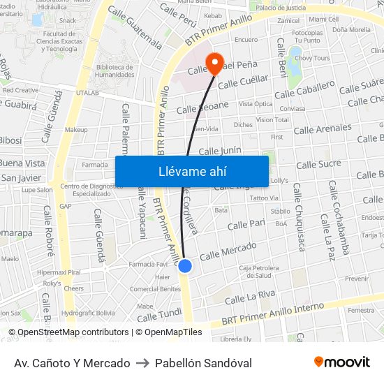 Av. Cañoto Y Mercado to Pabellón Sandóval map