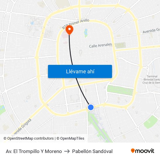 Av. El Trompillo Y Moreno to Pabellón Sandóval map
