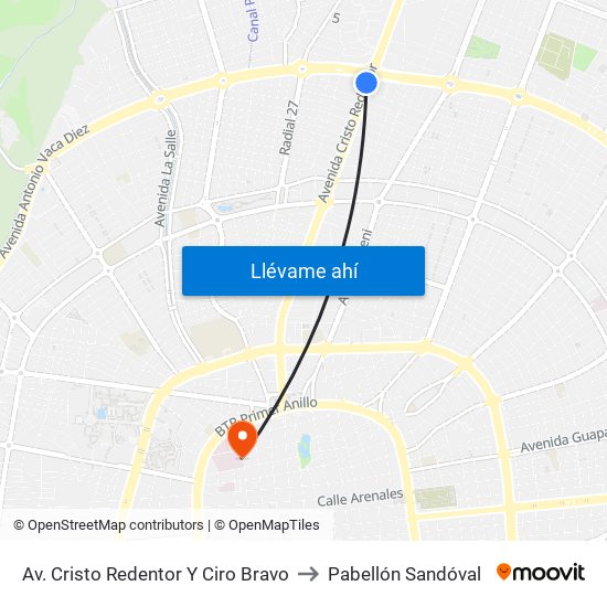 Av. Cristo Redentor Y Ciro Bravo to Pabellón Sandóval map