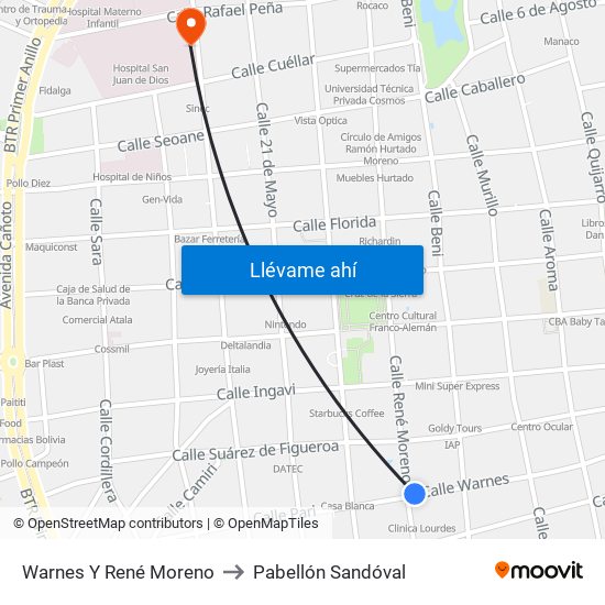 Warnes Y René Moreno to Pabellón Sandóval map