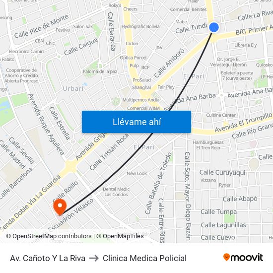 Av. Cañoto Y La Riva to Clinica Medica Policial map