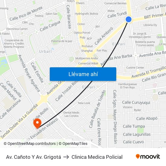 Av. Cañoto Y Av. Grigotá to Clinica Medica Policial map