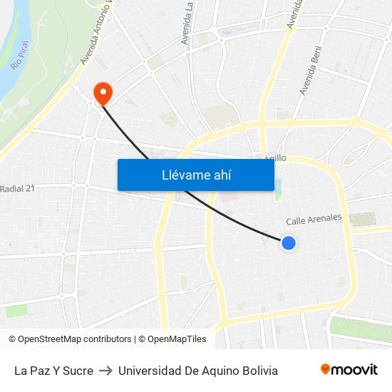La Paz Y Sucre to Universidad De Aquino Bolivia map