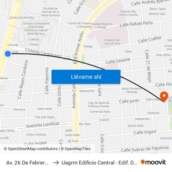 Av. 26 De Febrero Y Av. Centenario to Uagrm Edificio Central - Edif. Dr. Romulo Herrera Justiniano map