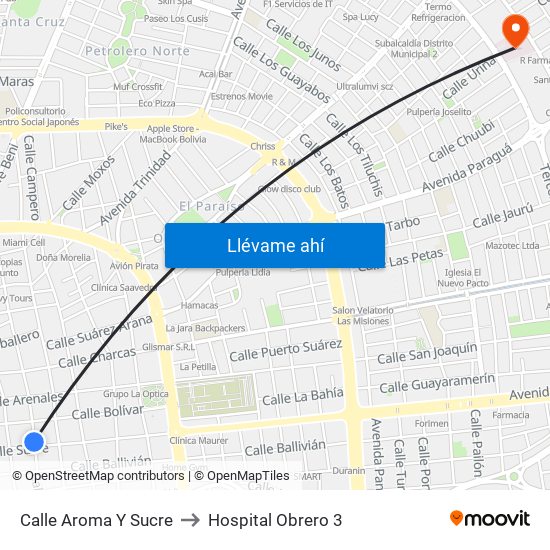 Calle Aroma Y Sucre to Hospital Obrero 3 map
