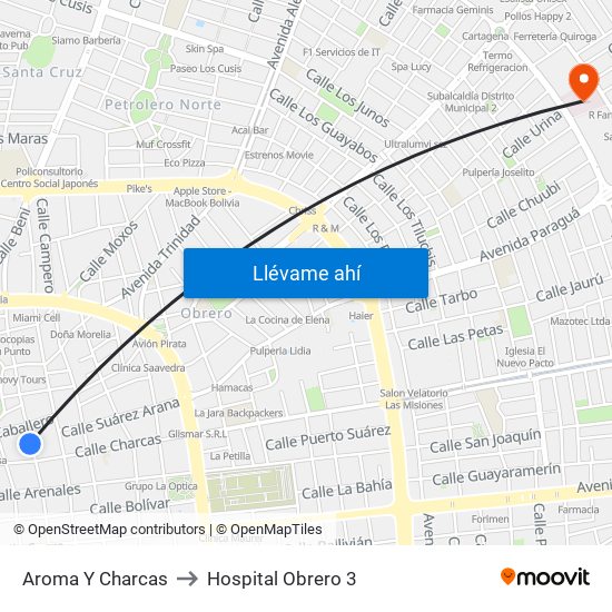 Aroma Y Charcas to Hospital Obrero 3 map