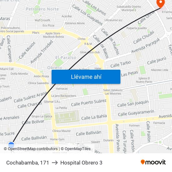 Cochabamba, 171 to Hospital Obrero 3 map
