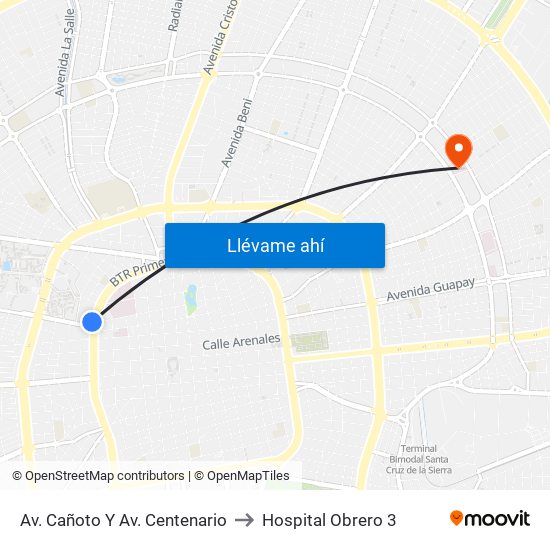 Av. Cañoto Y Av. Centenario to Hospital Obrero 3 map