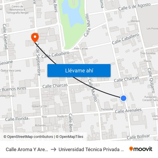 Calle Aroma Y Arenales to Universidad Técnica Privada Cosmos map