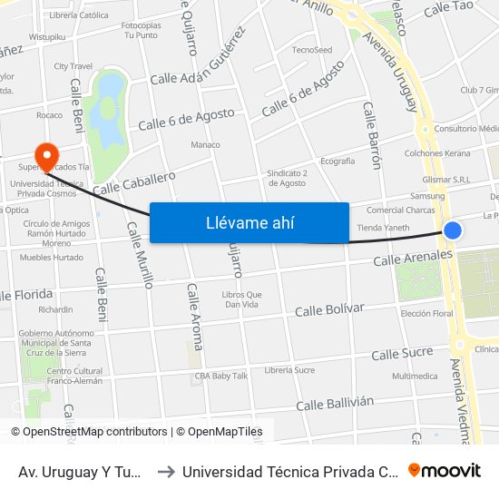 Av. Uruguay Y Tumusla to Universidad Técnica Privada Cosmos map