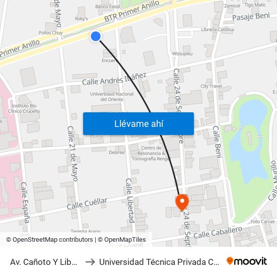 Av. Cañoto Y Libertad to Universidad Técnica Privada Cosmos map