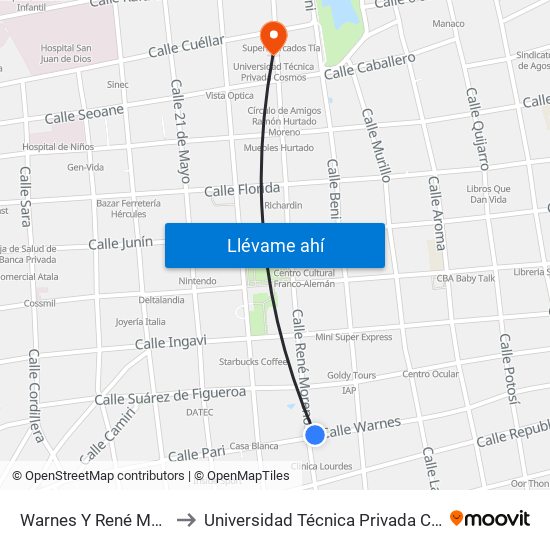 Warnes Y René Moreno to Universidad Técnica Privada Cosmos map