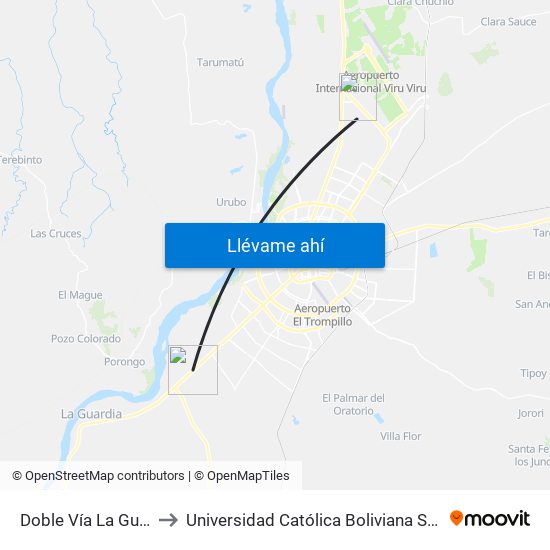 Doble Vía La Guardia to Universidad Católica Boliviana San Pablo map