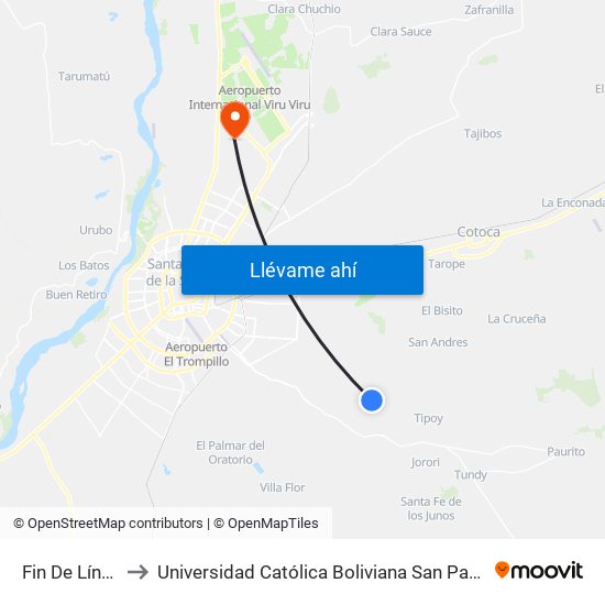 Fin De Línea to Universidad Católica Boliviana San Pablo map