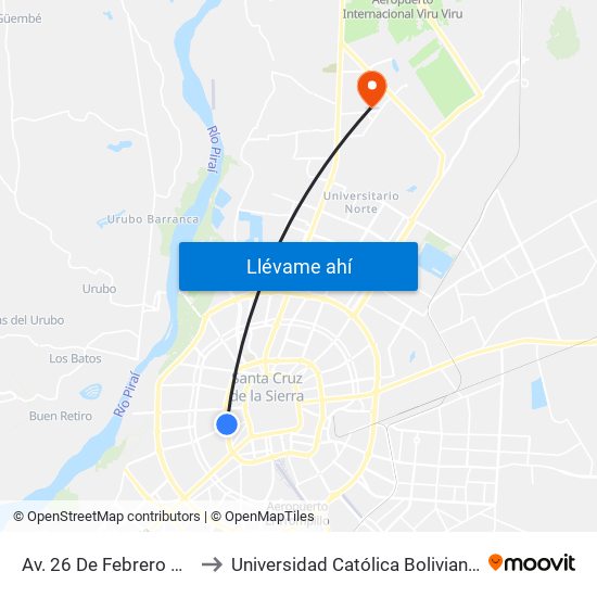 Av. 26 De Febrero Y Av. Piraí to Universidad Católica Boliviana San Pablo map