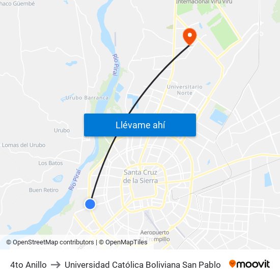 4to Anillo to Universidad Católica Boliviana San Pablo map