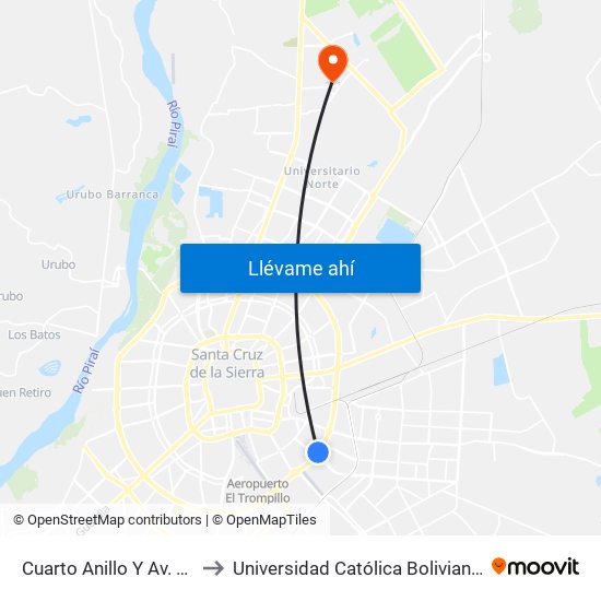 Cuarto Anillo Y Av. Radial 10 to Universidad Católica Boliviana San Pablo map