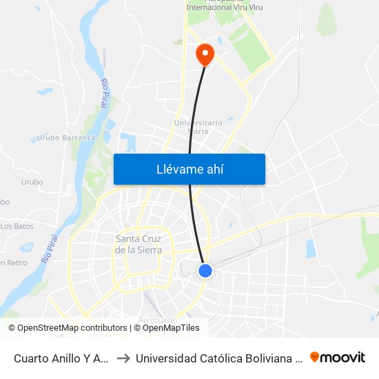 Cuarto Anillo Y Av. Ortíz to Universidad Católica Boliviana San Pablo map