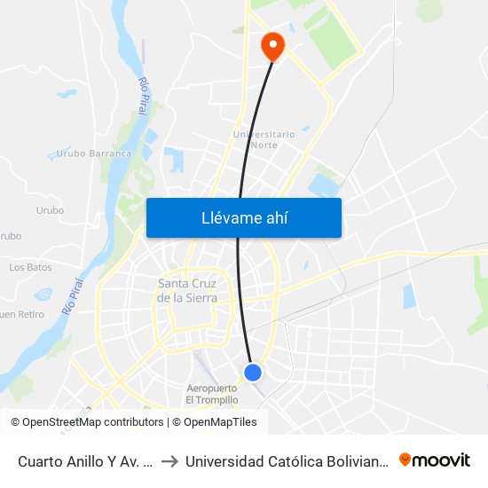 Cuarto Anillo Y Av. Da Vinci to Universidad Católica Boliviana San Pablo map